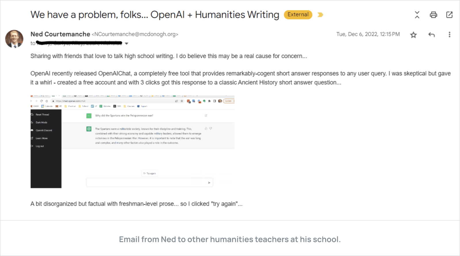 Email from Ned to other humanities teachers at his school showing his initial concerns around AI answering any query for free.