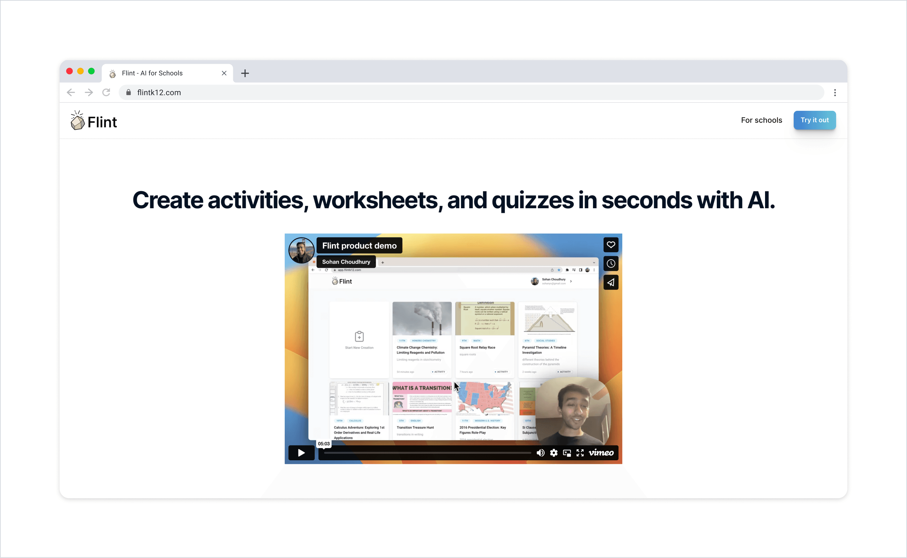 A screenshot of the original version of the flintk12.com website, showing an AI teacher copilot that can be used to create activities, worksheets, and quizzes.