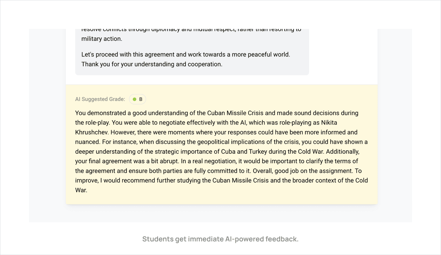 Screenshot of Flint's immediate AI-powered feedback for a student.
