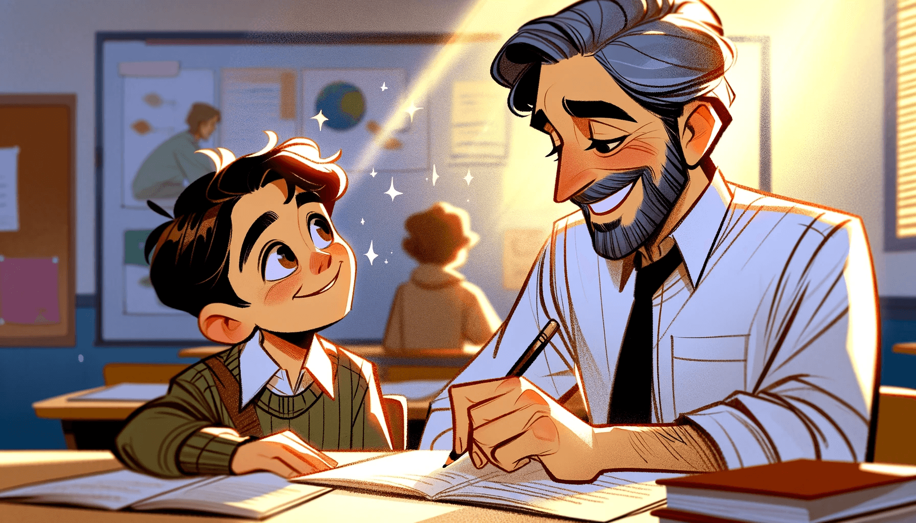 AI-generated image of a student looking up at and up to a teacher helping them with an assignment.