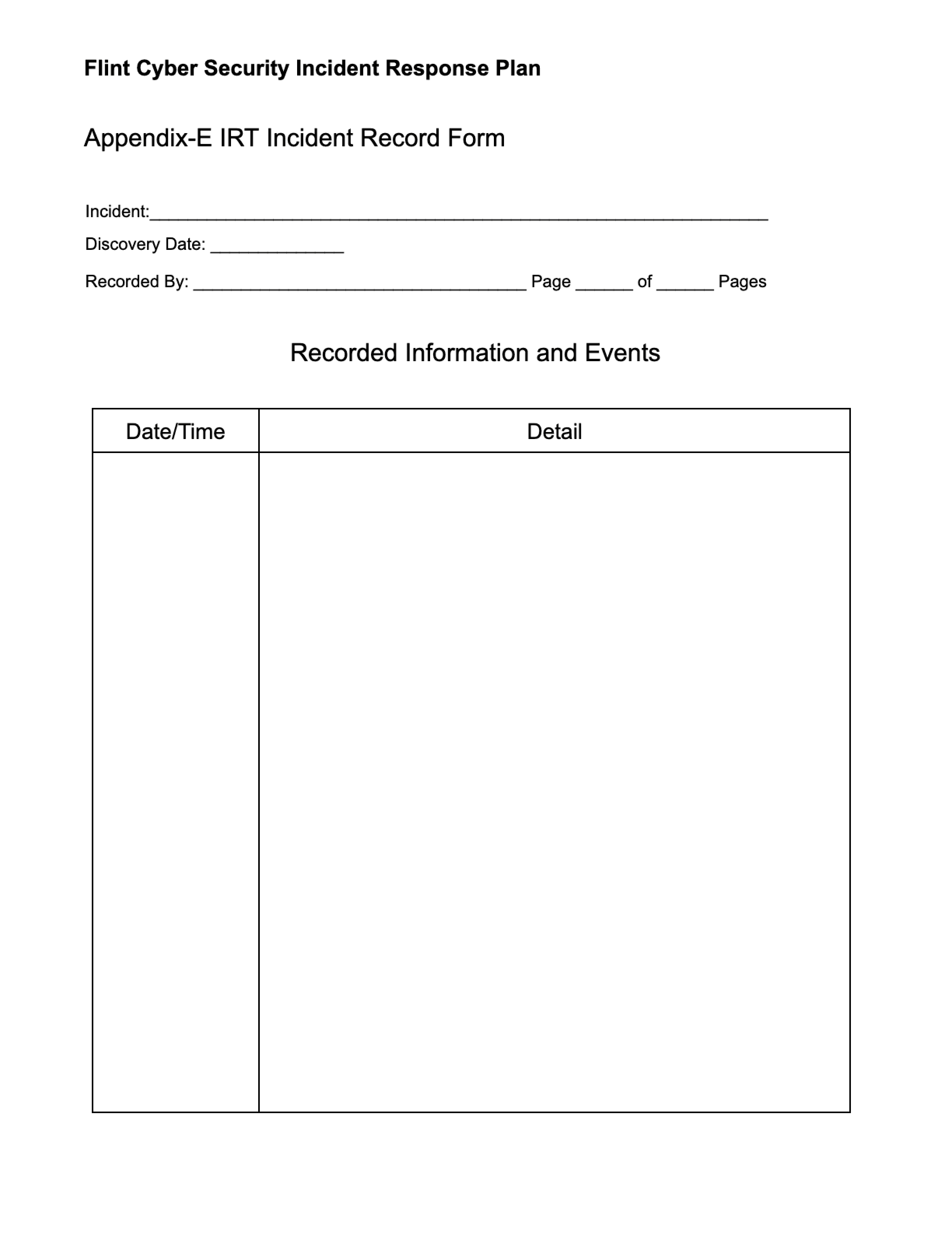 Flint Cyber Incident Response Plan Report Form