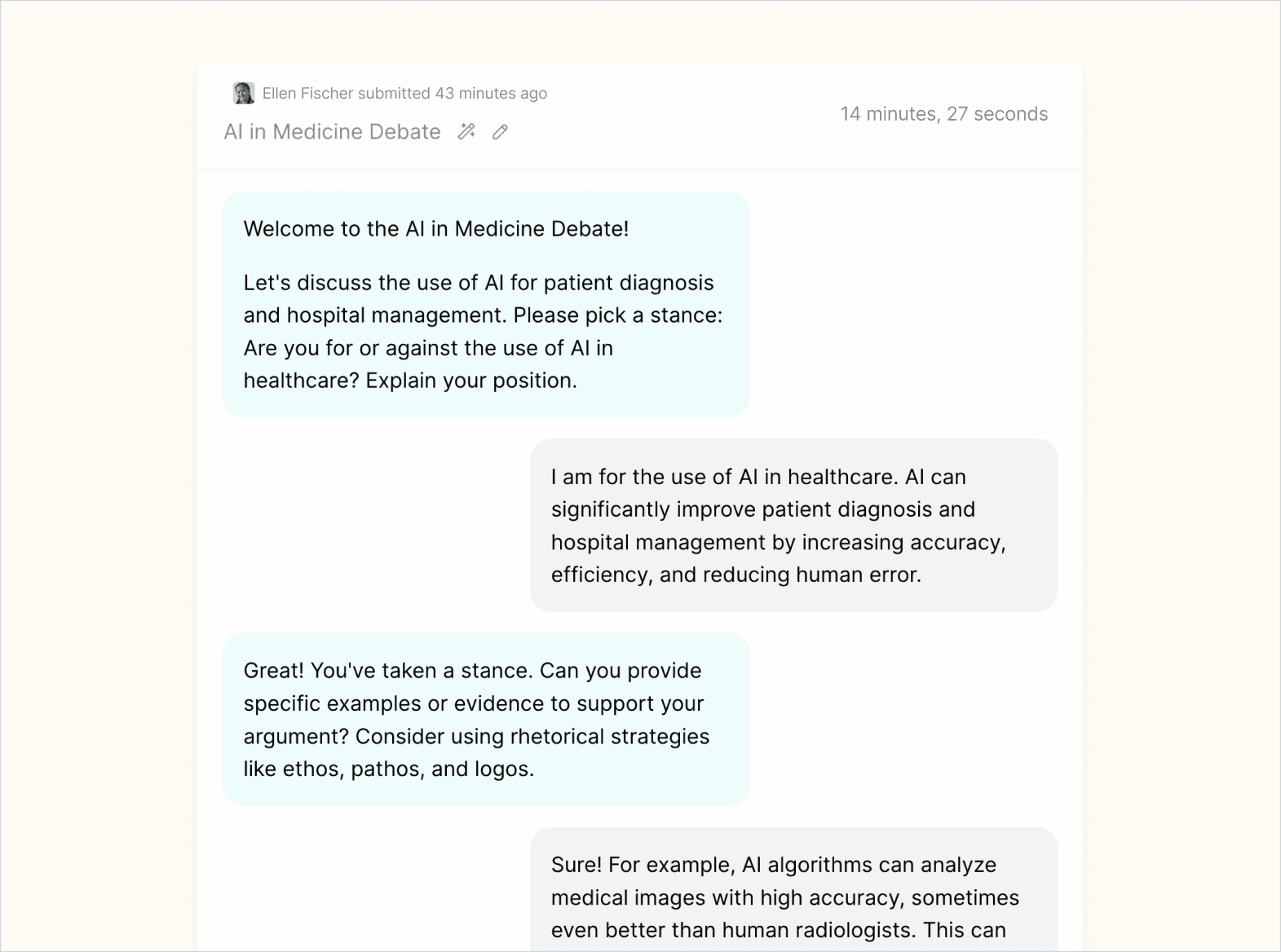Example student chat conversation where the student is presenting their stance and backing it up using rhetorical strategies.