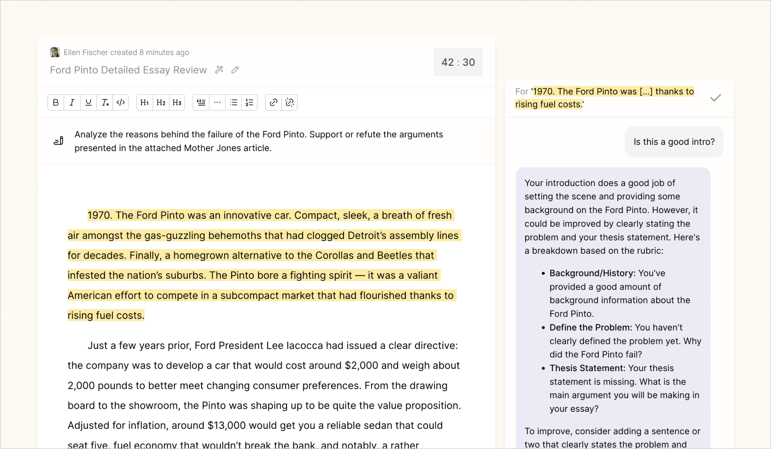 Student essay with the intro highlighted where the student asked if it was a good intro and the AI tutor responded with feedback.
