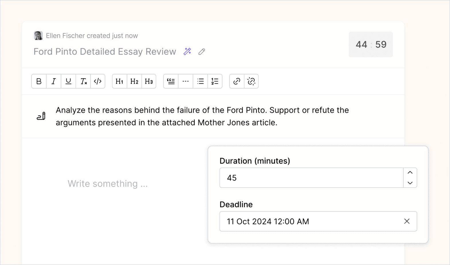 Essay editing interface with a duration and deadline set.