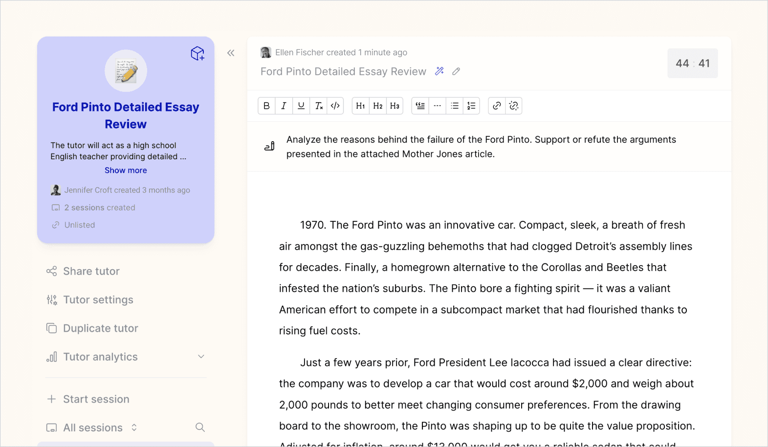 Student writing an essay in the tutor.