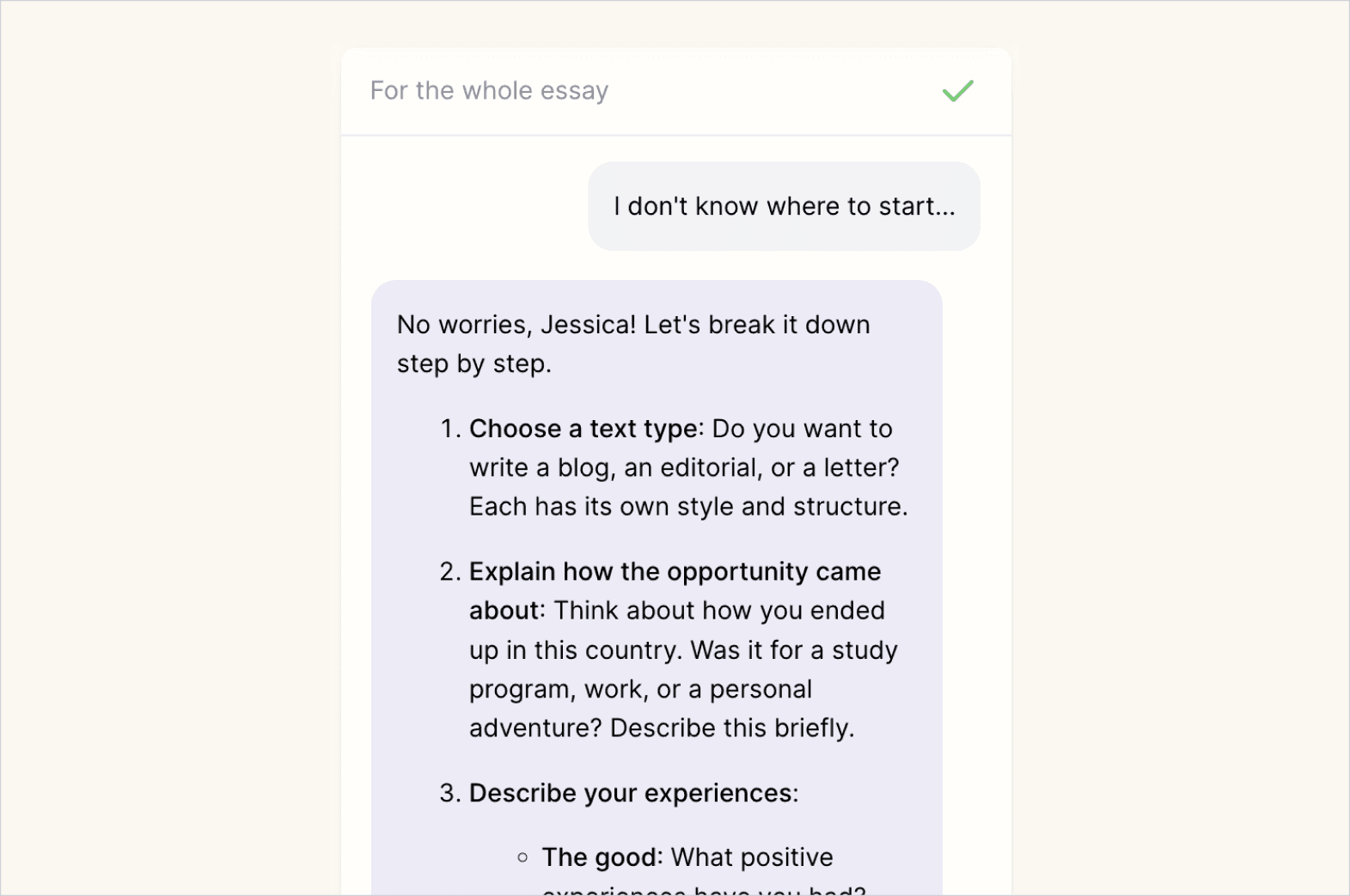 Screenshot of example student conversation with the AI where the student doesn't know where to start and the AI outlines the step-by-step requirements.