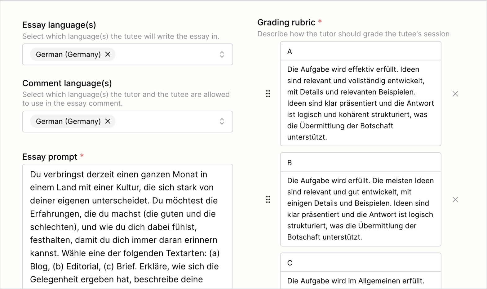 Screenshots showing the comment language, prompt, and grading rubric all in German.