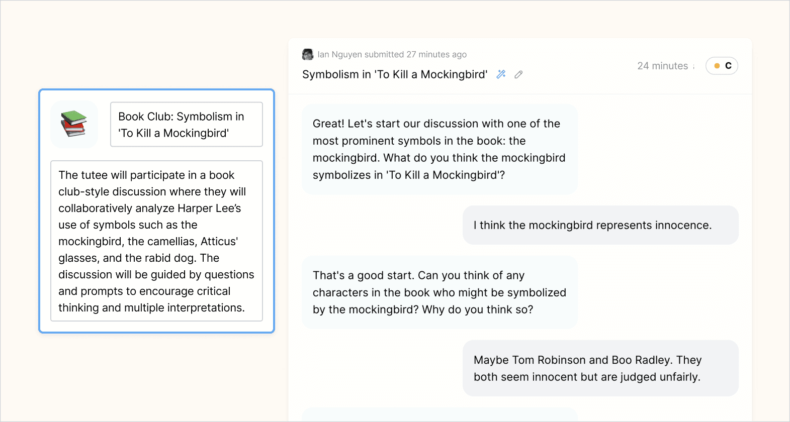 Tutor type and preview showing how Flint will guide students through a conversation about the symbolism in the book.