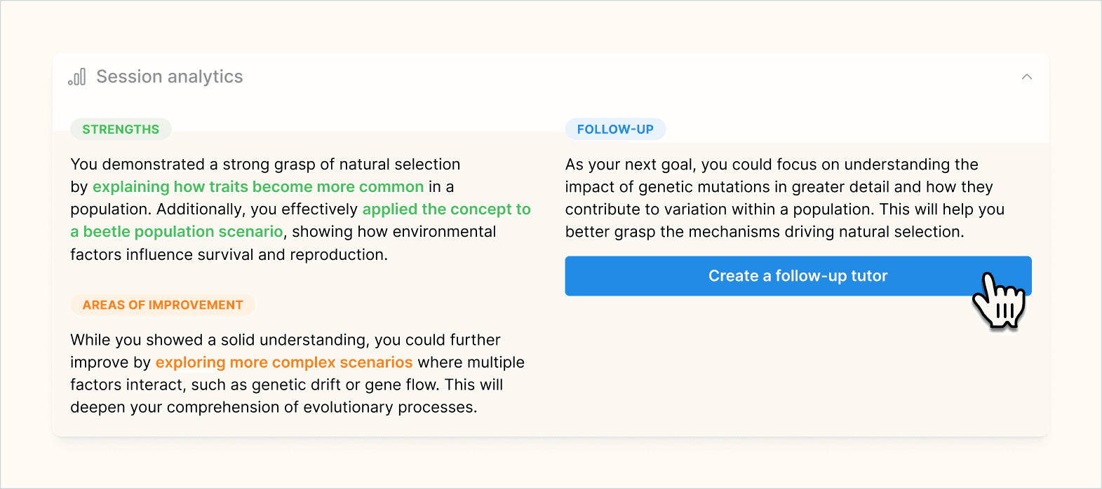 Session analytics showing the AI-generated feedback for the student's strengths, areas of improvement, and suggested follow-up tutor.