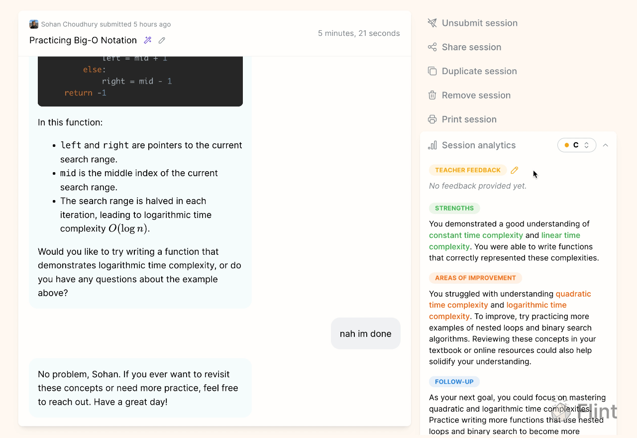 Gif of teacher adding custom feedback and changing the session grade.